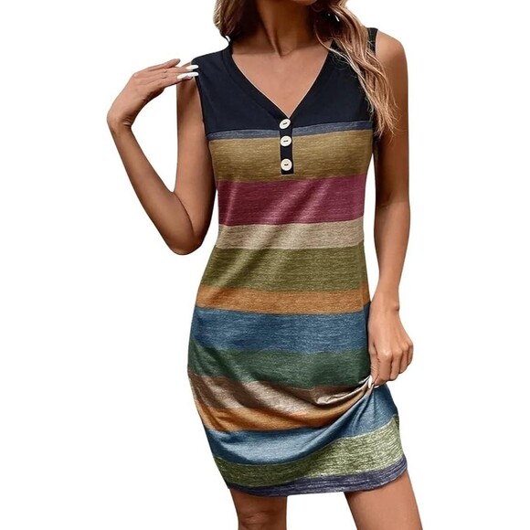 Striped Tank Dress Women's L Trendy Casual Loose Sleeveless V Neck Sundress - Picture 1 of 8